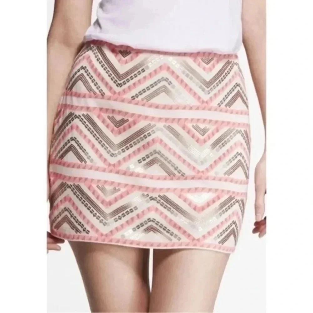 Express | Eras Tour Vibes Pink Sequins Boho Mini Pencil Skirt Size XS